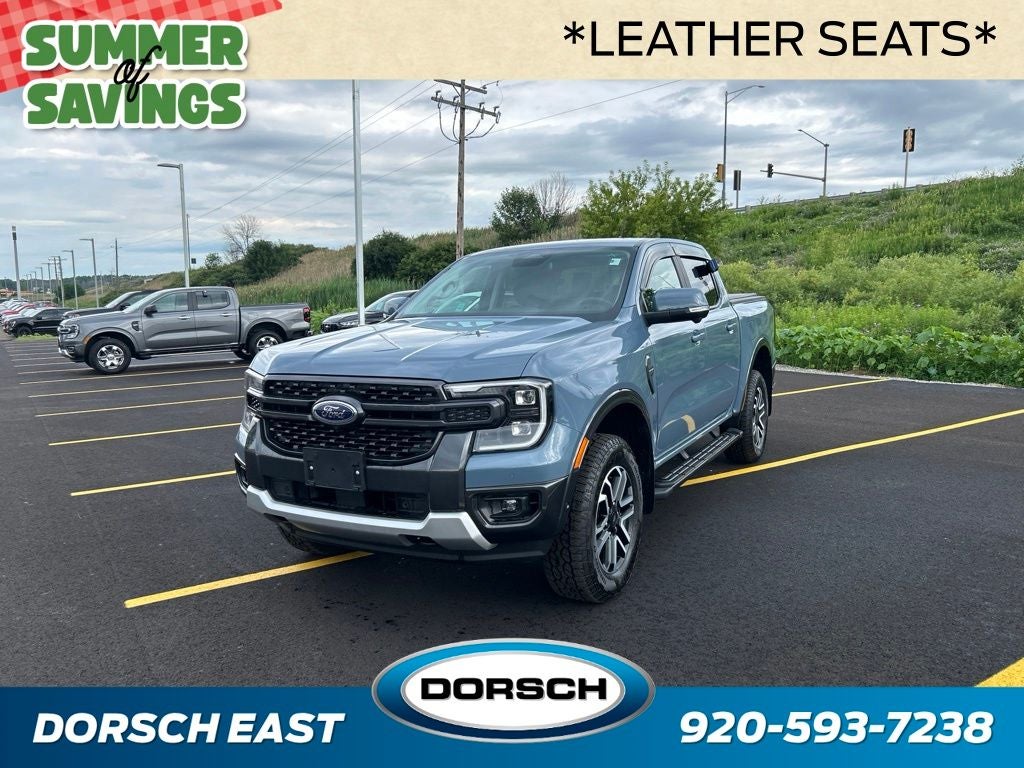 2024 Ford Ranger Lariat in Azure Gray Metallic — front three-quarter view