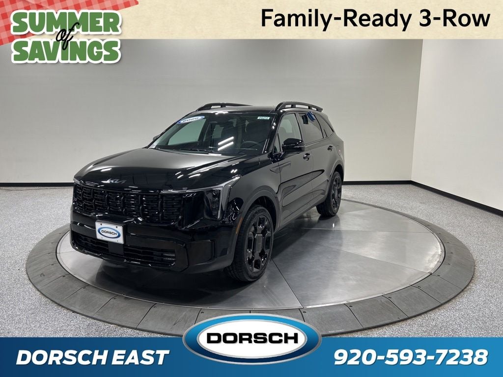 2026 Kia Sorento X-Line SX in Ebony Black — front three-quarter view