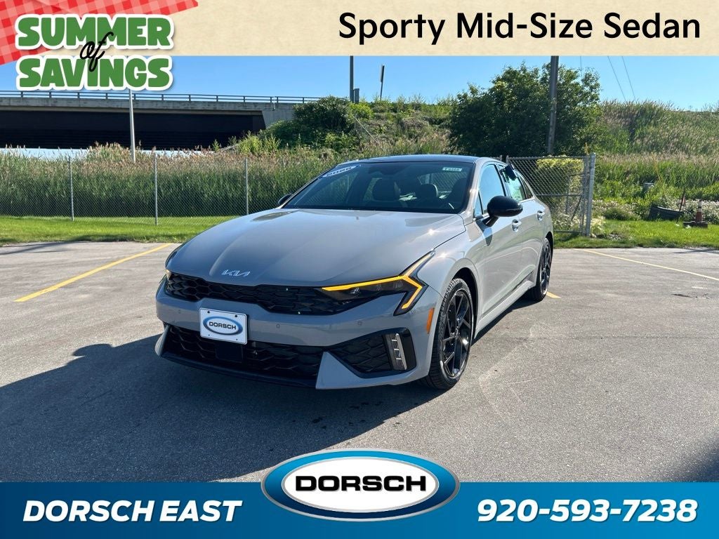 2026 Kia K5 GT-Line in Wolf Gray — front three-quarter view