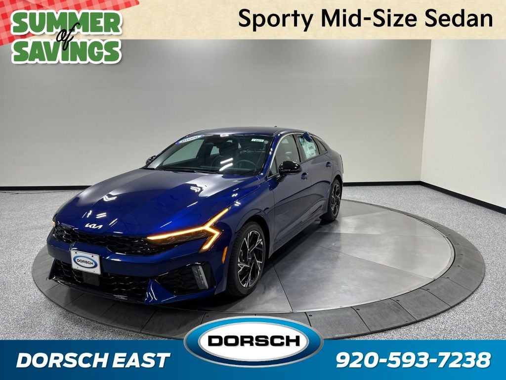 2026 Kia K5 GT-Line in Yacht Blue — front three-quarter view