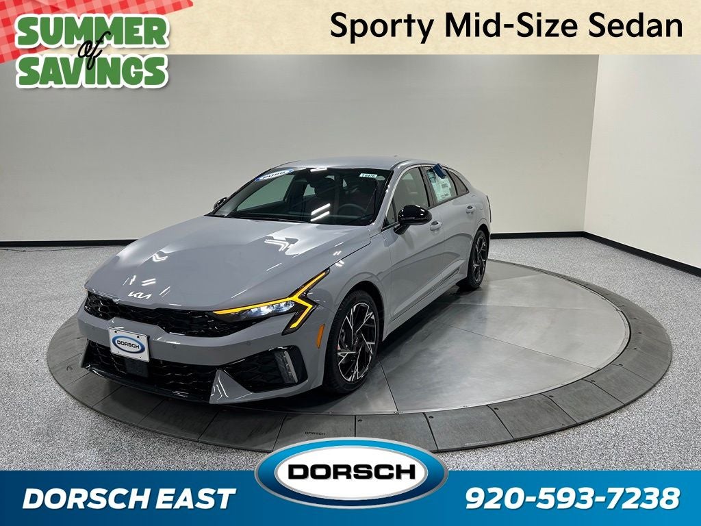 2026 Kia K5 GT-Line in Wolf Gray — front three-quarter view