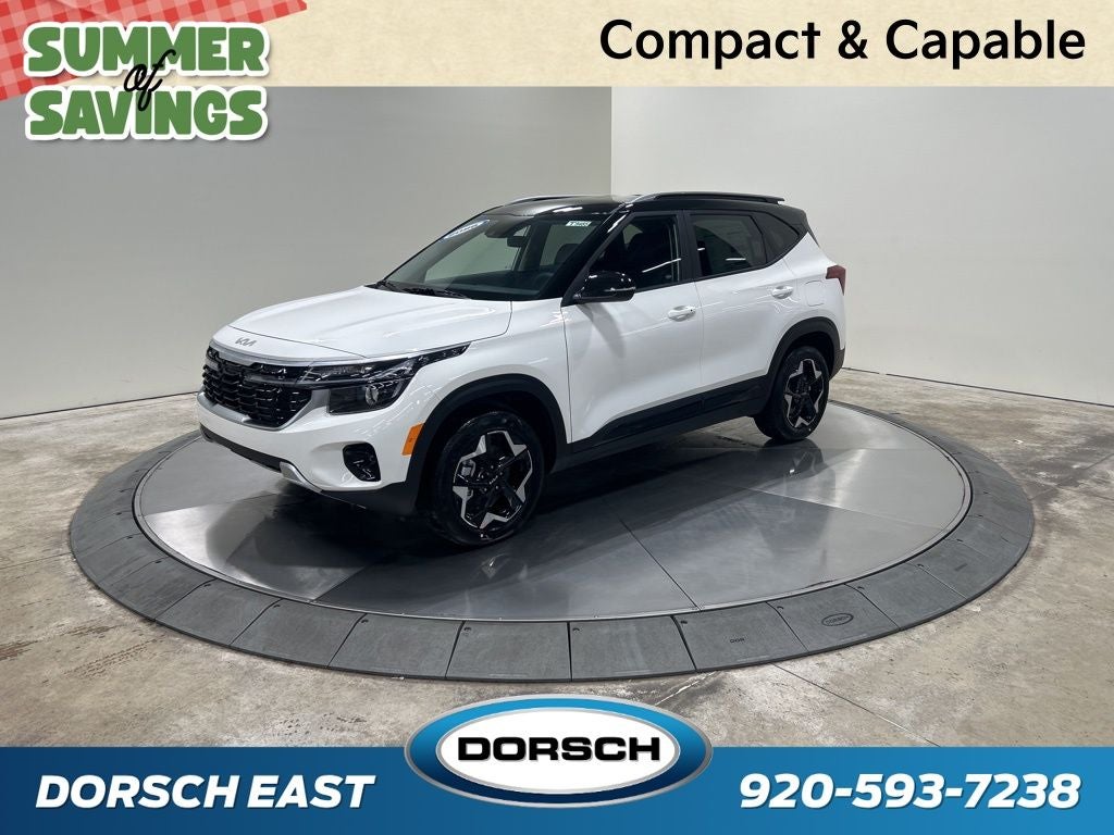 2026 Kia Seltos S in Clear White/Black Roof — front three-quarter view