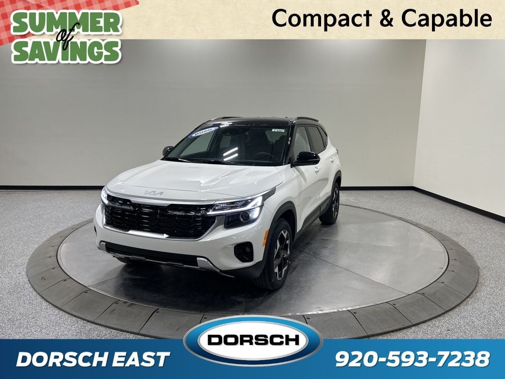 2026 Kia Seltos S in Clear White/Black Roof — front three-quarter view